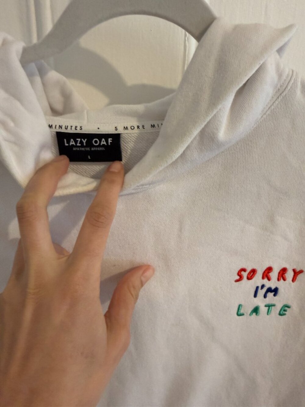 Lazy Oaf white hoodie sweatshirt, unisex Large